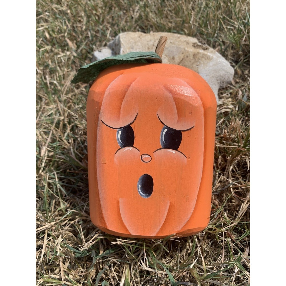 Hand Painted Wooden Pumpkin Figurine Rustic Fall Halloween Folk Art Decor